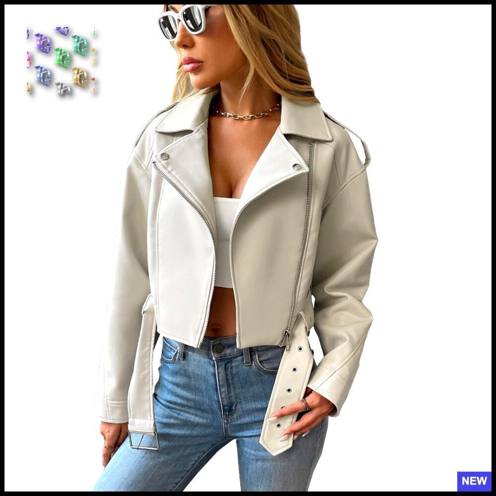 Faux Leather Cropped Jacket Classic Motor Biker Coat Fitted Belted Chic